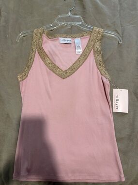 villager Pink Tank Top with Tan Lace Trim